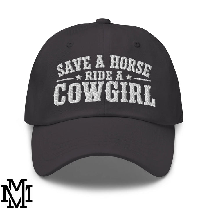 Save a Horse Ride a Cowgirl Embroidered Unstructured Dad Hat - Dark Grey