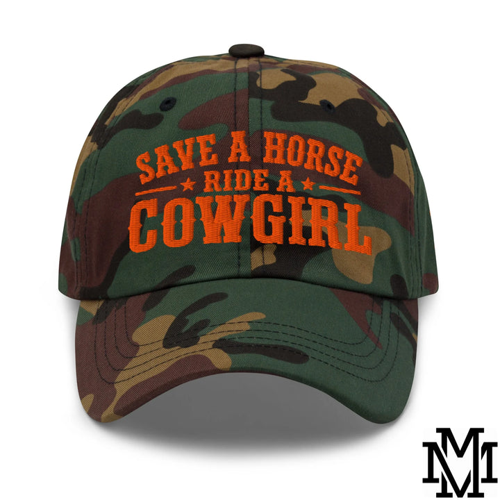 Save a Horse Ride a Cowgirl Embroidered Unstructured Dad Hat - Green Camo