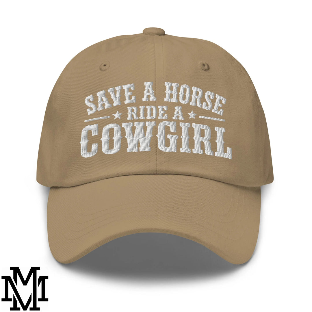 Save a Horse Ride a Cowgirl Embroidered Unstructured Dad Hat - Khaki