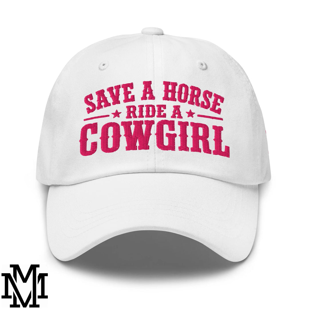 Save a Horse Ride a Cowgirl Embroidered Unstructured Dad Hat - White