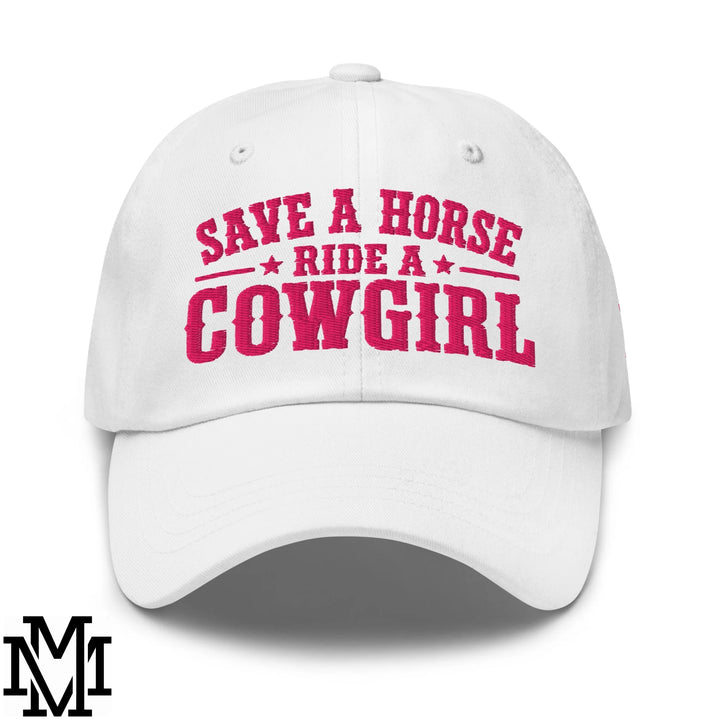 Save a Horse Ride a Cowgirl Embroidered Unstructured Dad Hat - White