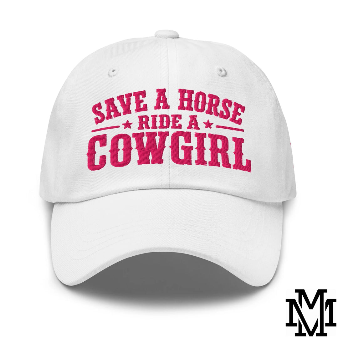 Save a Horse Ride a Cowgirl Embroidered Unstructured Dad Hat - White