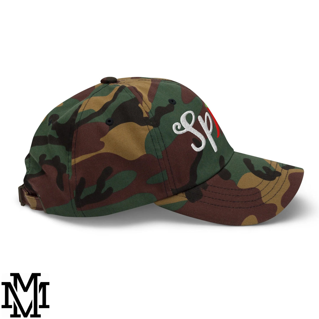 Spicy Chilli Pepper Embroidered Unstructured Dad Hat - Green Camo