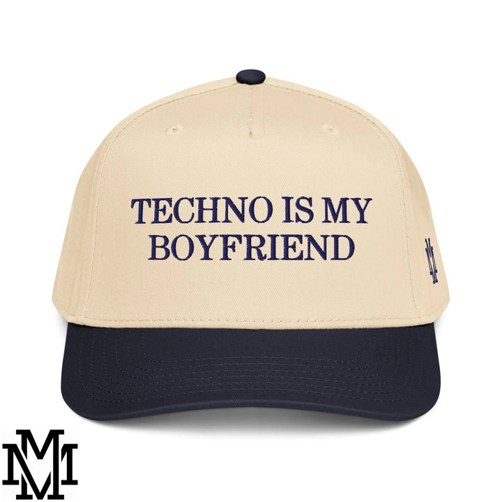 Techno is My Boyfriend Embroidered Baseball Snapback Hat - Navy Natural
