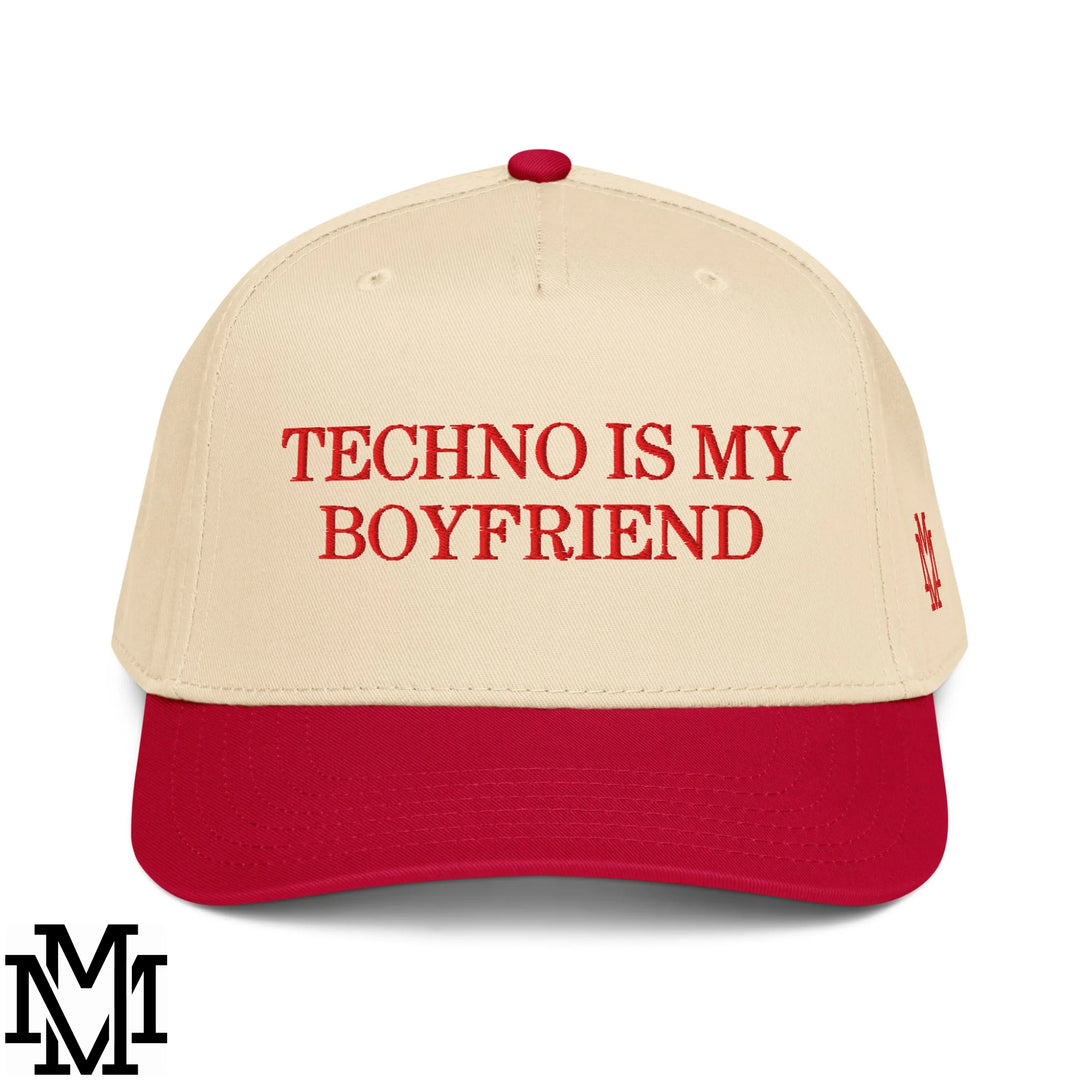 Techno is My Boyfriend Embroidered Baseball Snapback Hat - Red Natural