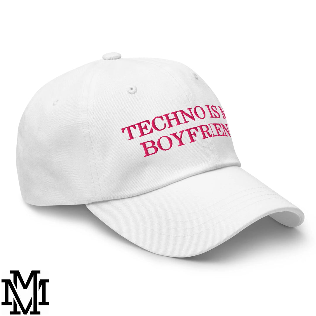 Techno is My Boyfriend Embroidered Unstructured Dad Hat - White