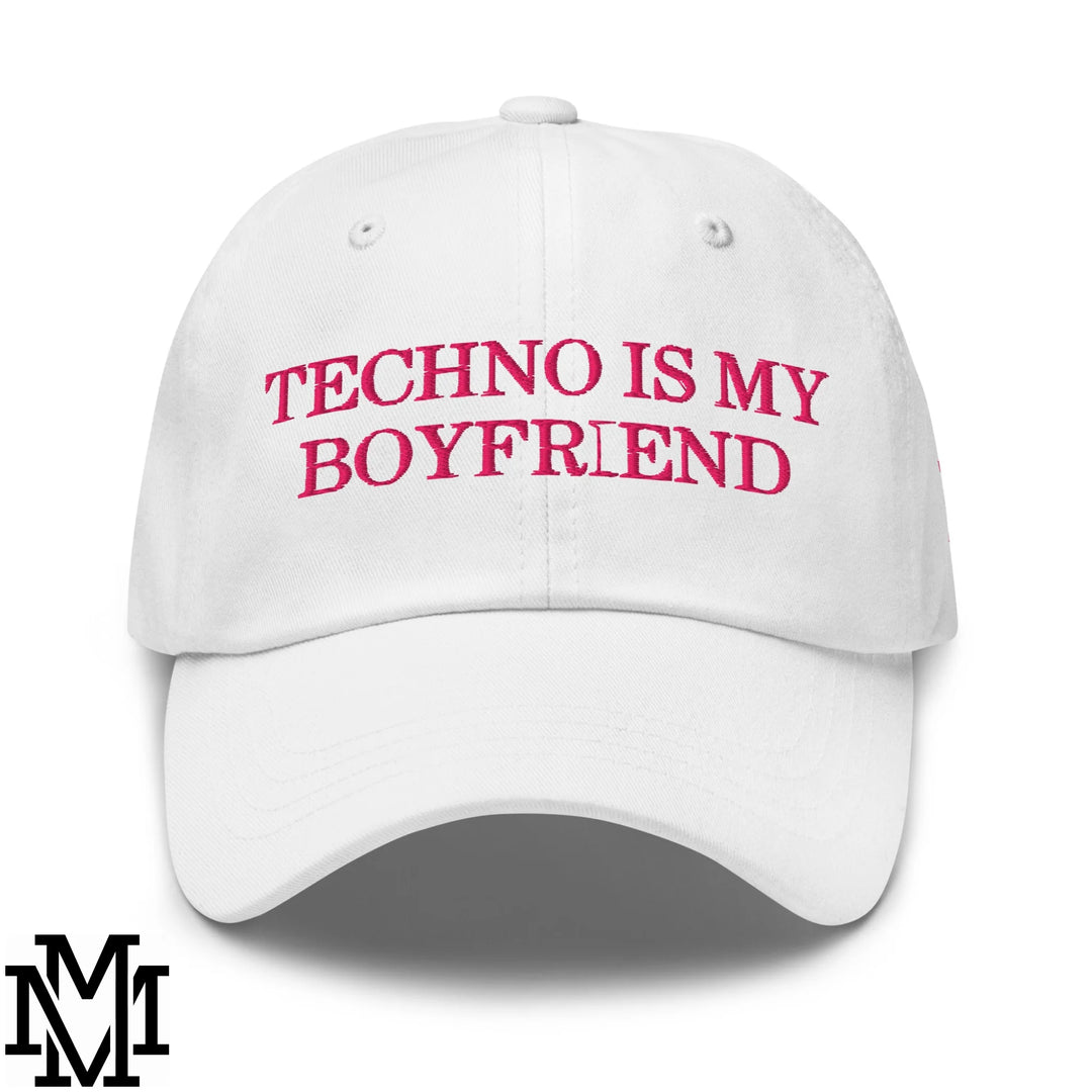 Techno is My Boyfriend Embroidered Unstructured Dad Hat - White