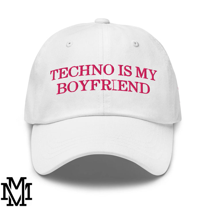 Techno is My Boyfriend Embroidered Unstructured Dad Hat - White