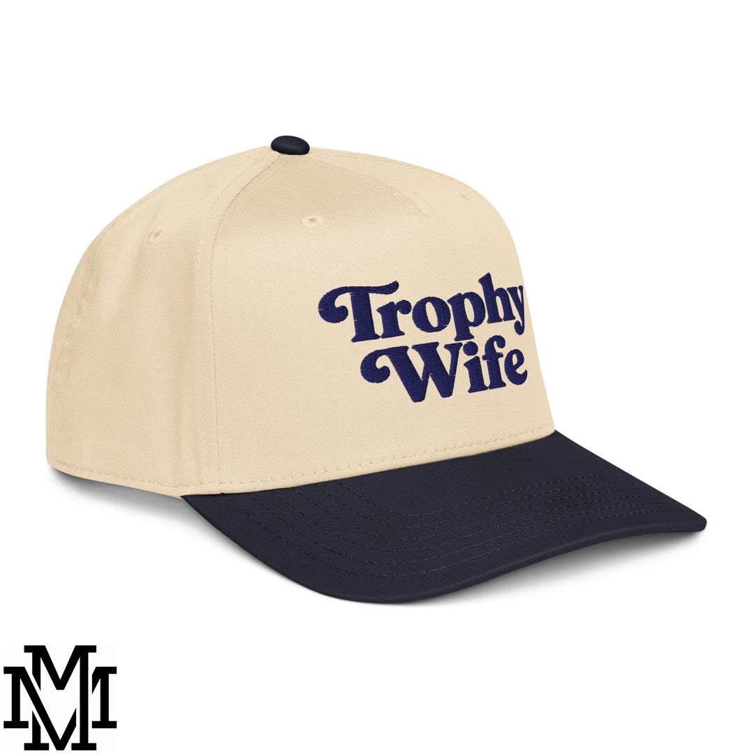 Trophy Wife Embroidered Baseball Snapback Hat - Navy Natural