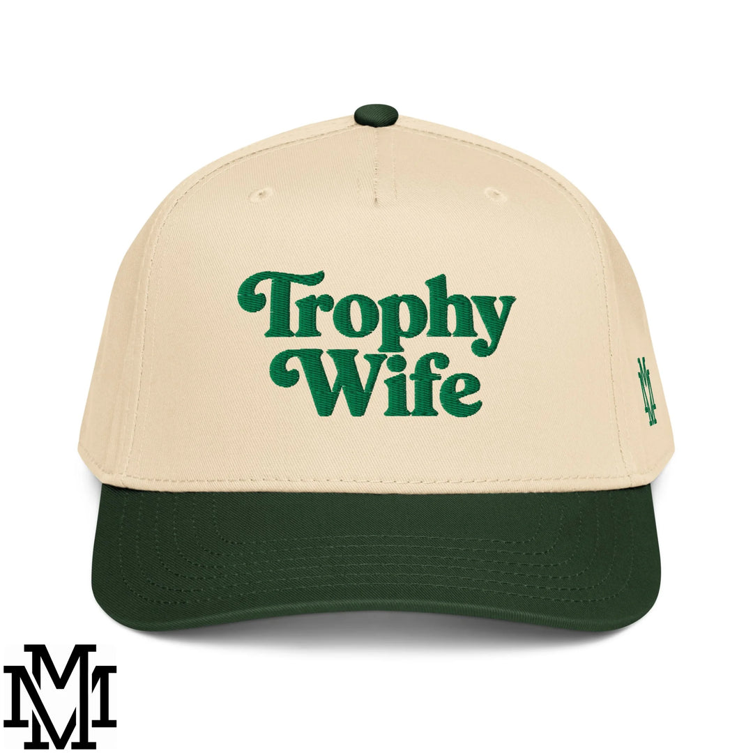 Trophy Wife Embroidered Baseball Snapback Hat - Dark Green Natural