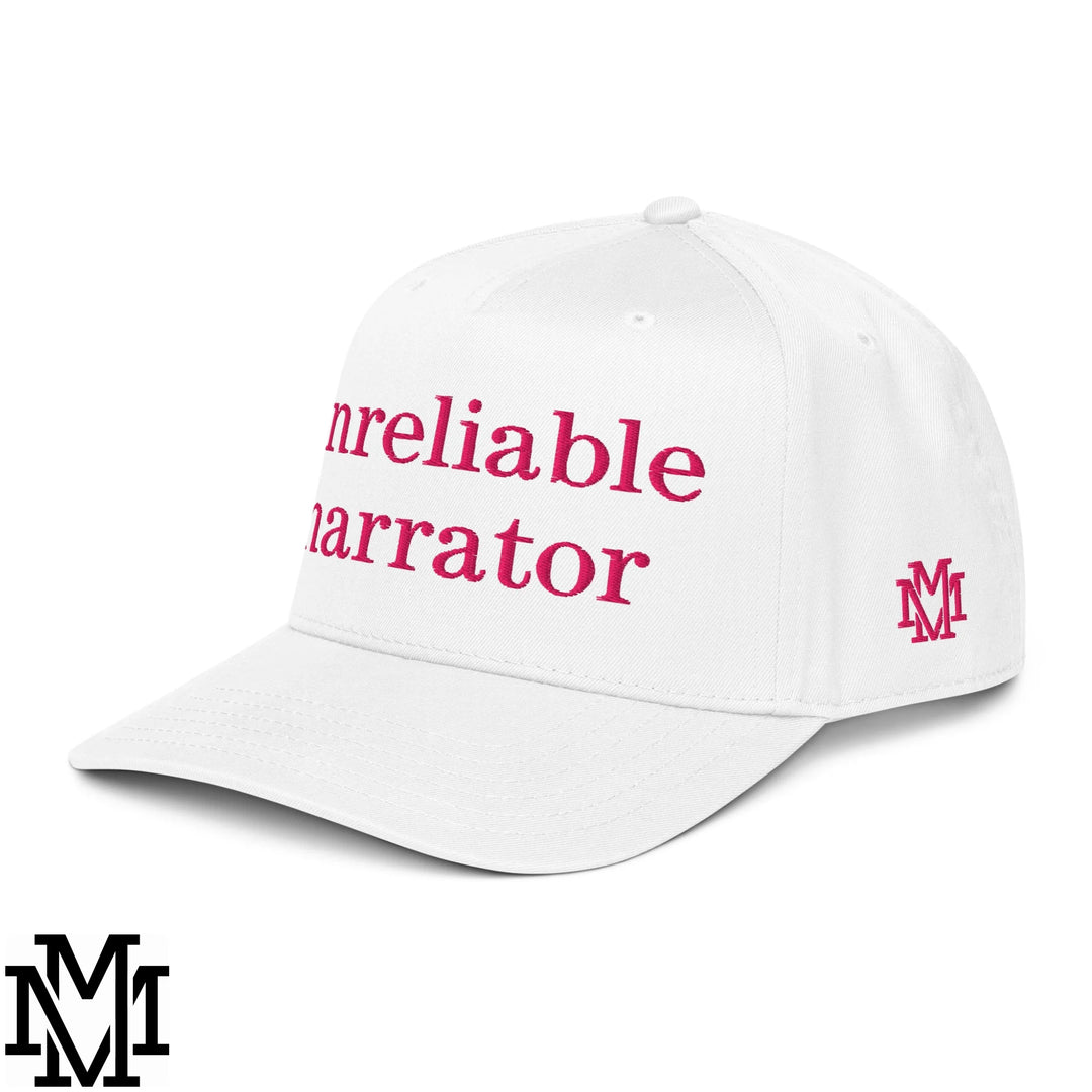 Unreliable Narrator Embroidered Baseball Snapback Hat - White