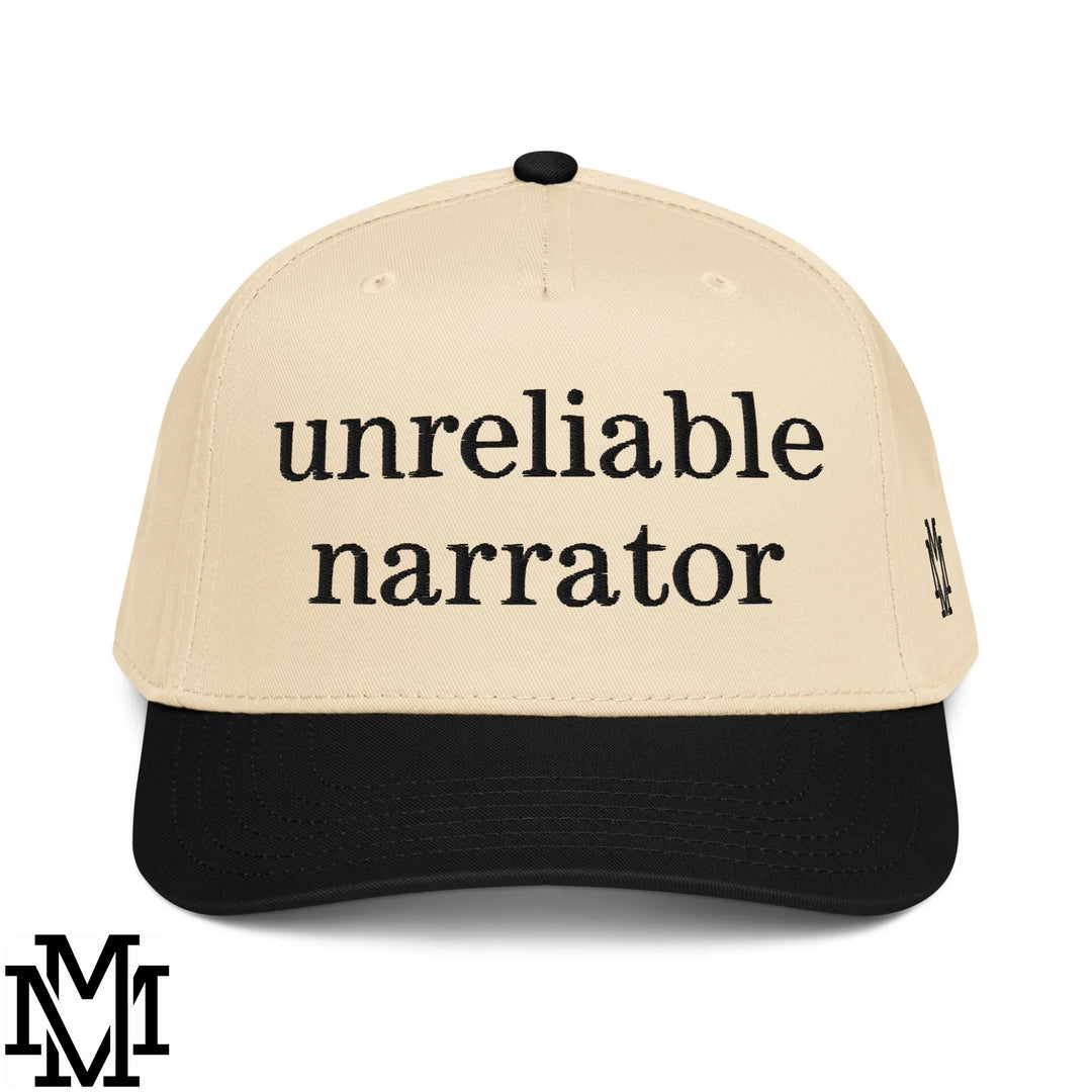 Unreliable Narrator Embroidered Baseball Snapback Hat - Black Natural