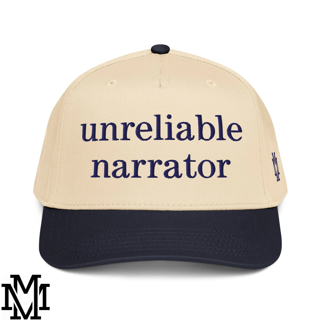 Unreliable Narrator Embroidered Baseball Snapback Hat - Navy Natural