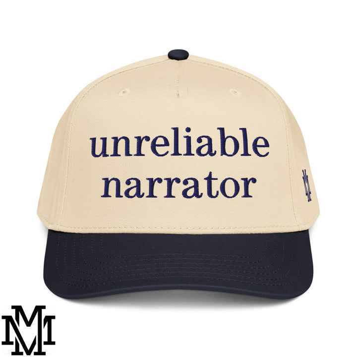 Unreliable Narrator Embroidered Baseball Snapback Hat - Navy Natural
