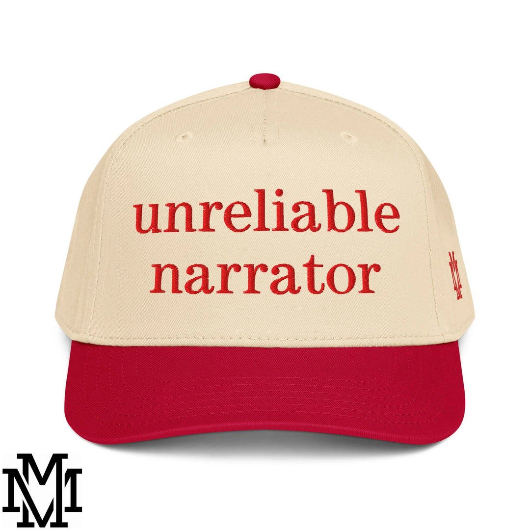 Unreliable Narrator Embroidered Baseball Snapback Hat - Red Natural