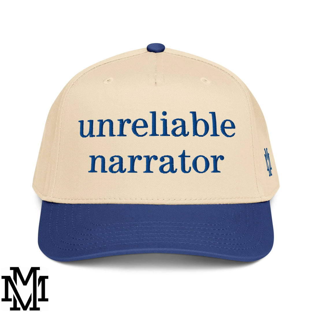 Unreliable Narrator Embroidered Baseball Snapback Hat - Royal Natural