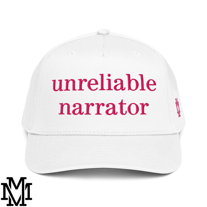 Unreliable Narrator Embroidered Baseball Snapback Hat - White