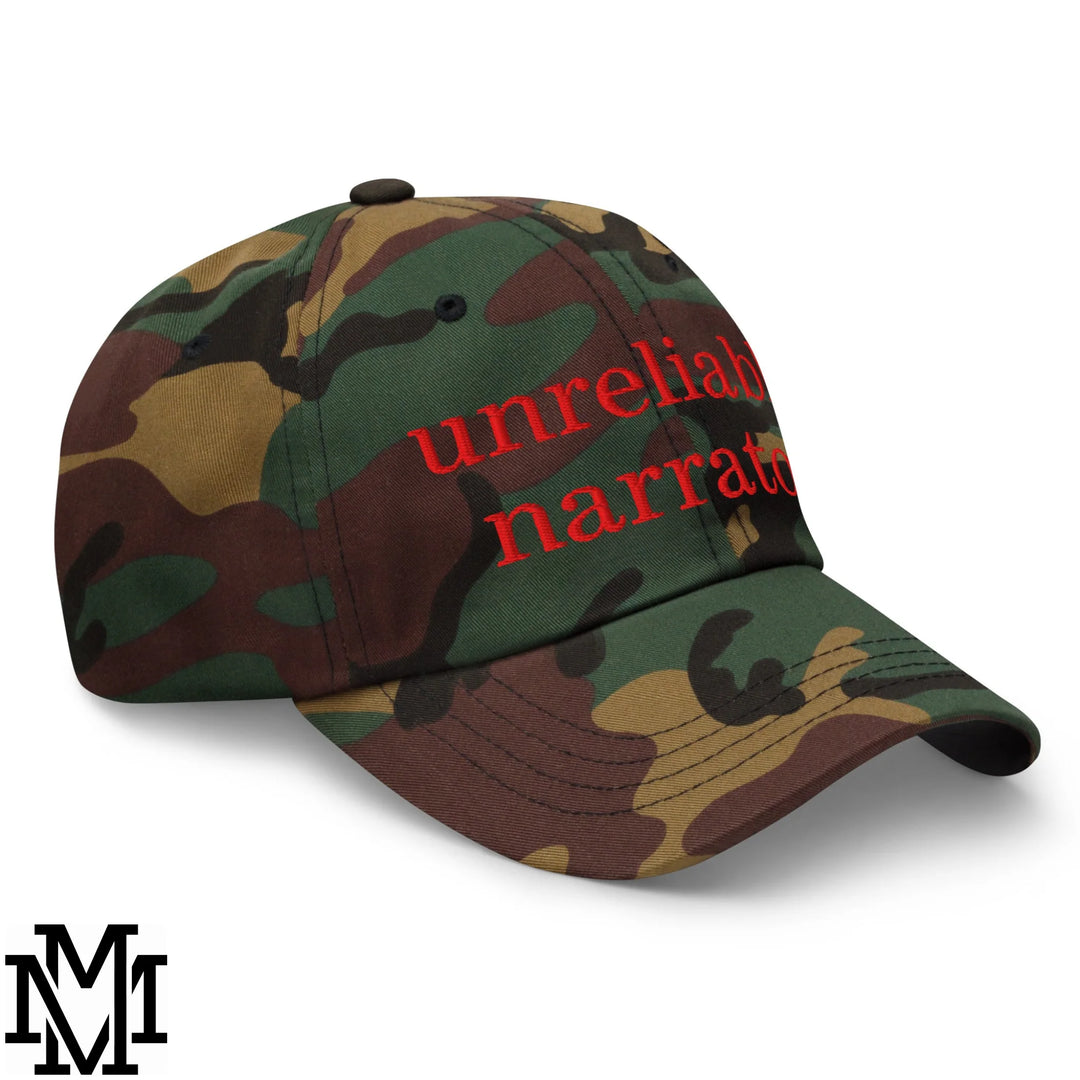 Unreliable Narrator Embroidered Unstructured Dad Hat - Green Camo