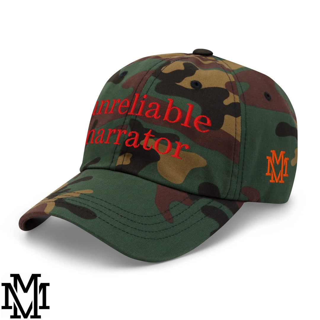 Unreliable Narrator Embroidered Unstructured Dad Hat - Green Camo