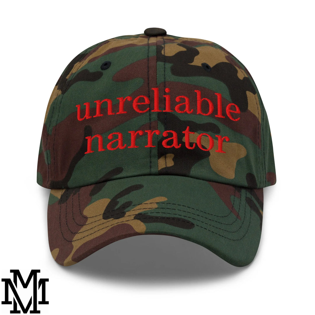 Unreliable Narrator Embroidered Unstructured Dad Hat - Green Camo