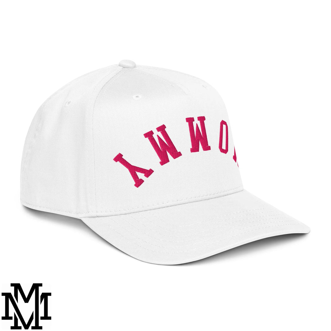 Upside Down Mommy Embroidered Baseball Snapback Hat - White