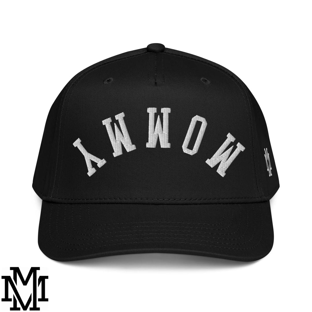Upside Down Mommy Embroidered Baseball Snapback Hat - Black