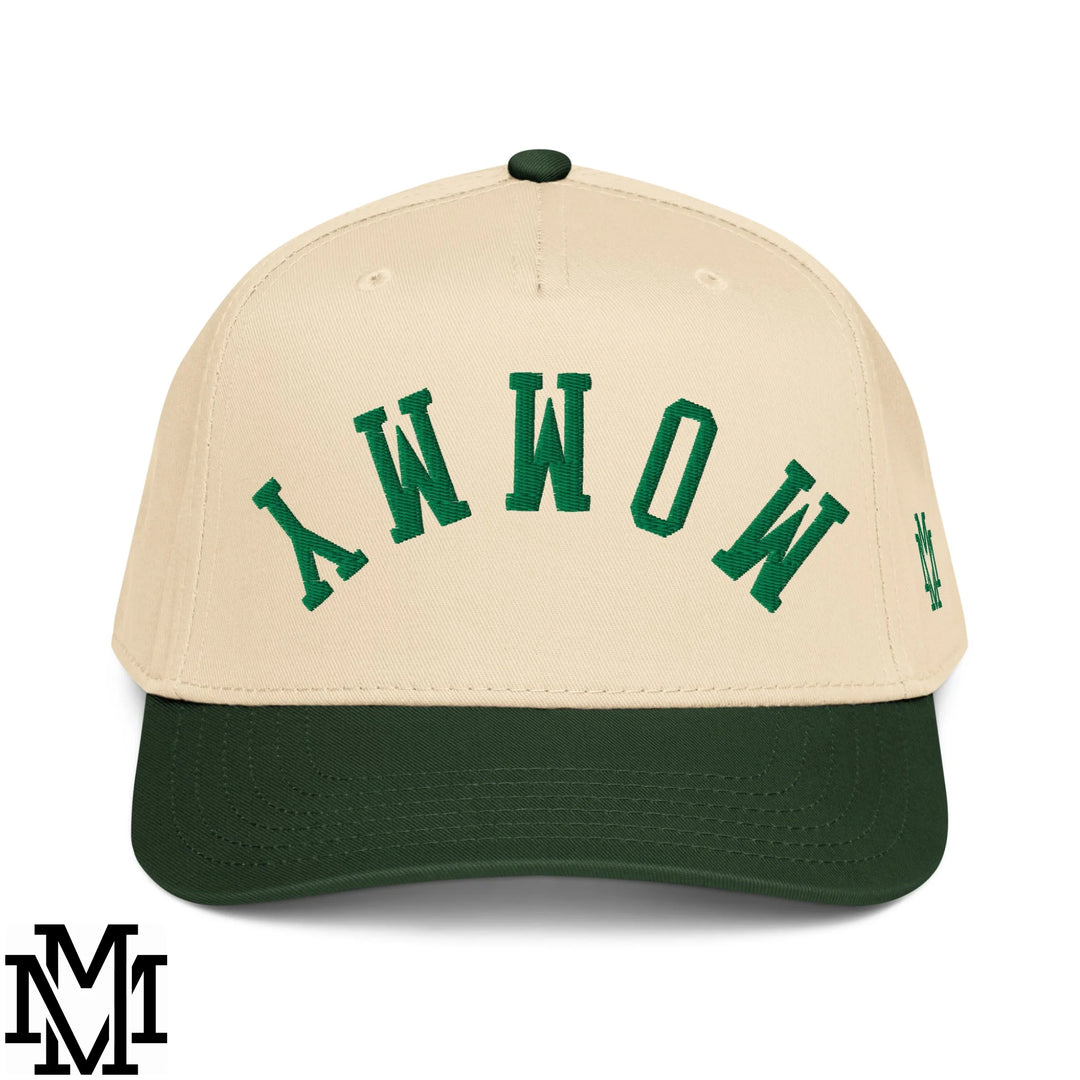 Upside Down Mommy Embroidered Baseball Snapback Hat - Dark Green Natural