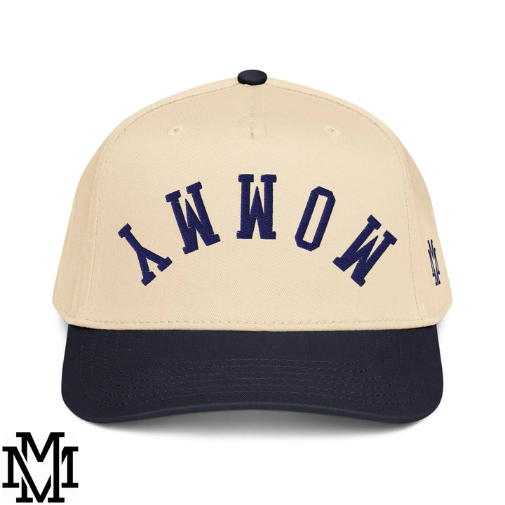 Upside Down Mommy Embroidered Baseball Snapback Hat - Navy Natural