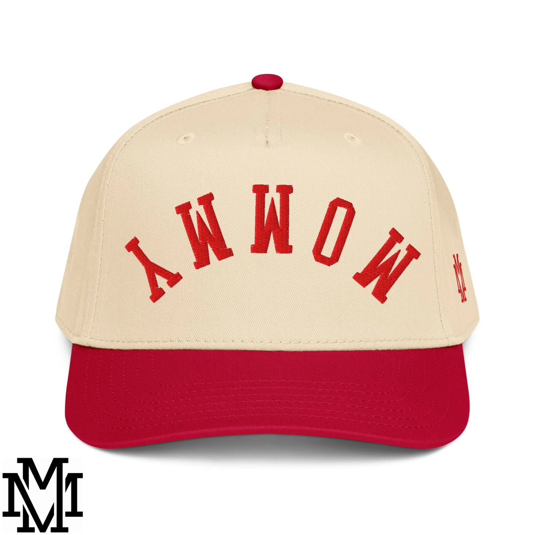 Upside Down Mommy Embroidered Baseball Snapback Hat - Red Natural