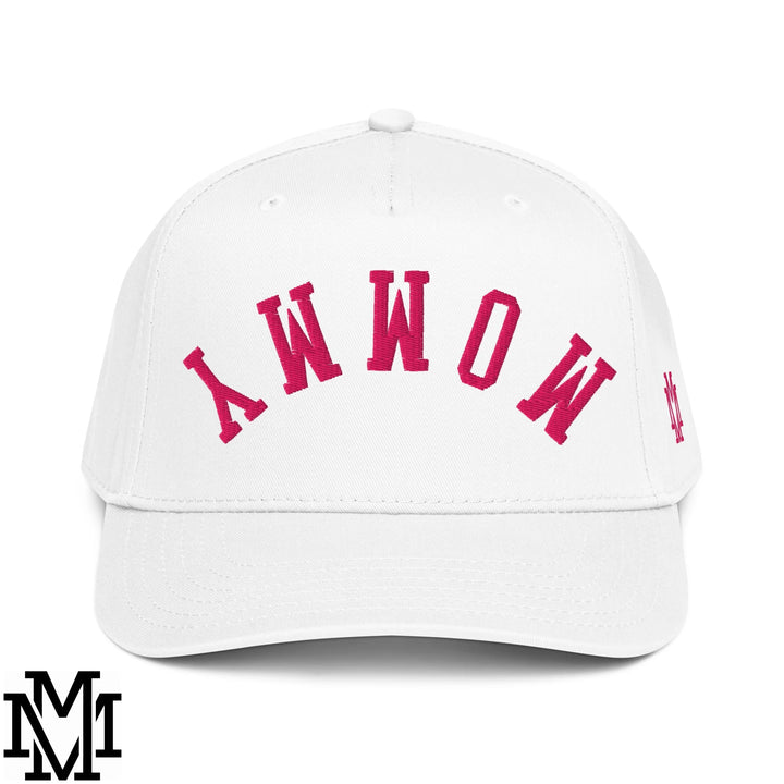 Upside Down Mommy Embroidered Baseball Snapback Hat - White