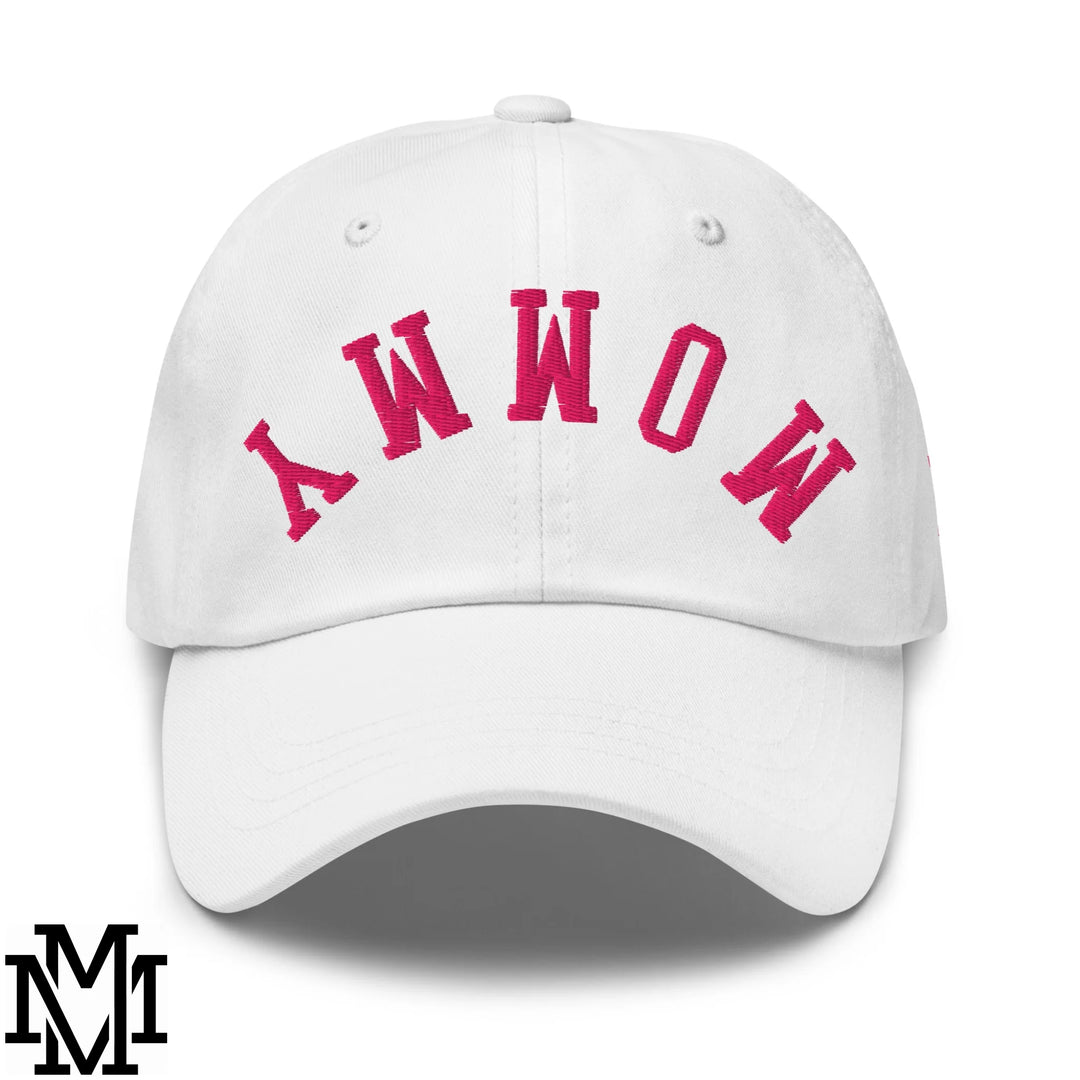 Upside Down Mommy Embroidered Unstructured Dad Hat - White