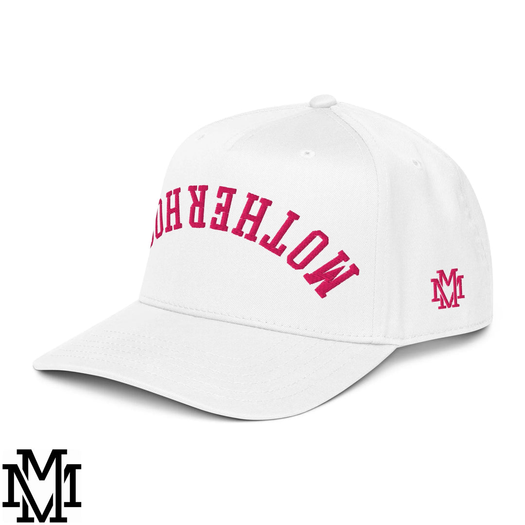 White baseball snapback hat with motherhood embroidered in bold red arched lettering and matching red mm logo
