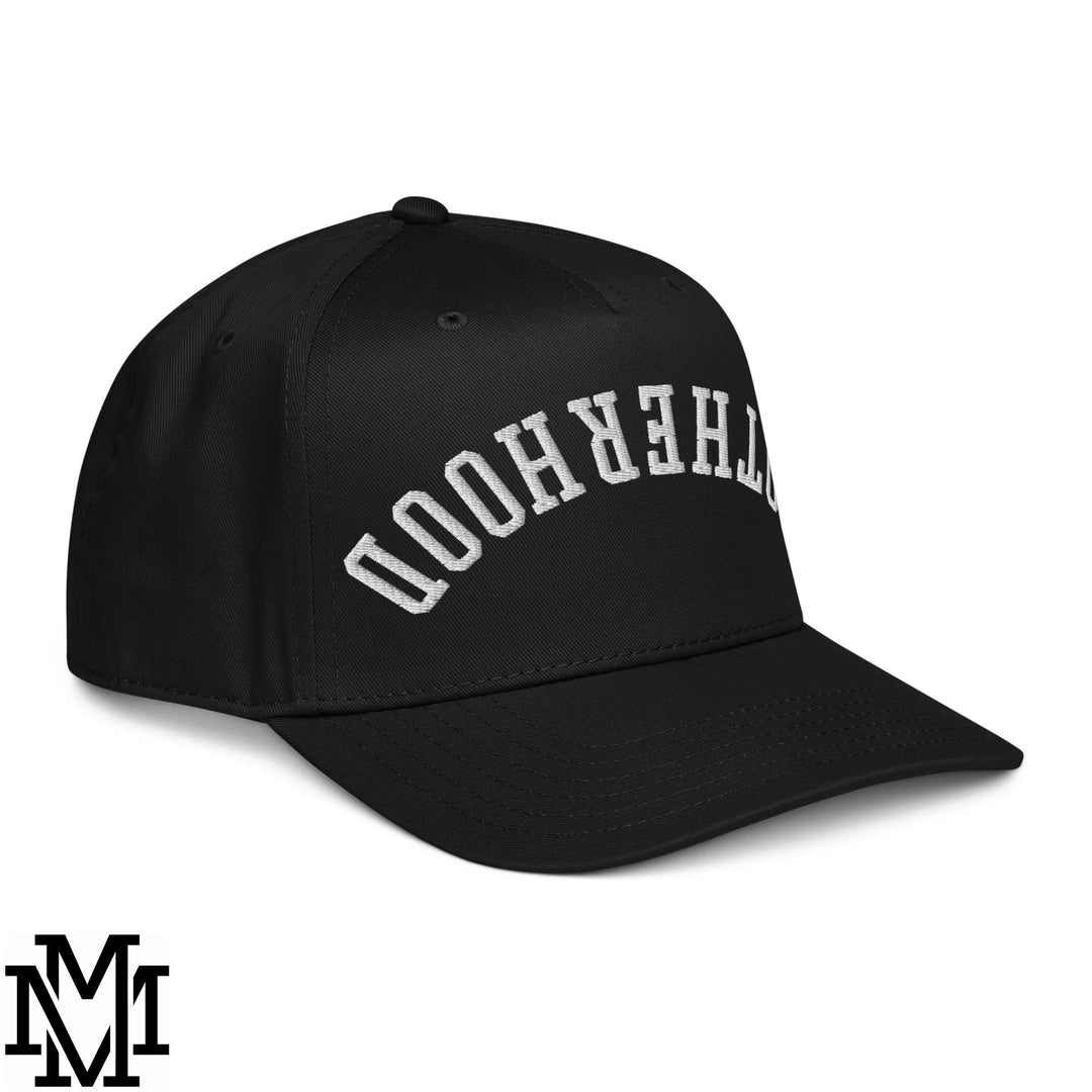 Black baseball snapback hat with white embroidered otherhood lettering in an arched design for upside down motherhood