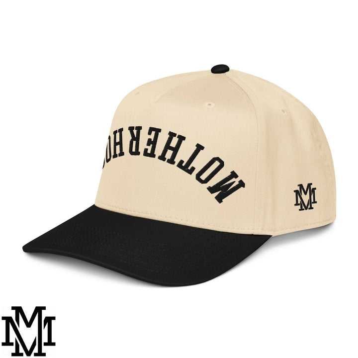 Beige and black upside down motherhood embroidered baseball snapback hat with bold lettering and side logo