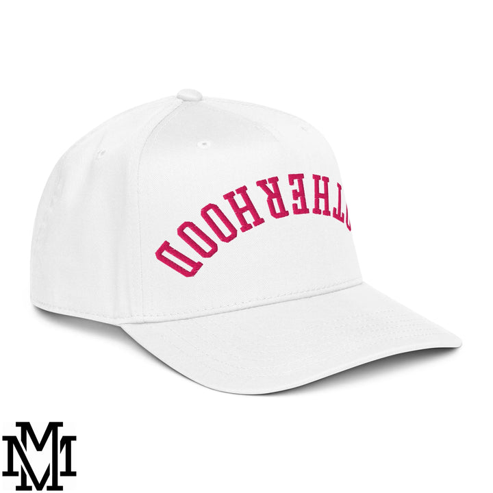 White baseball snapback hat with pink embroidered the hood text front in Upside Down Motherhood design