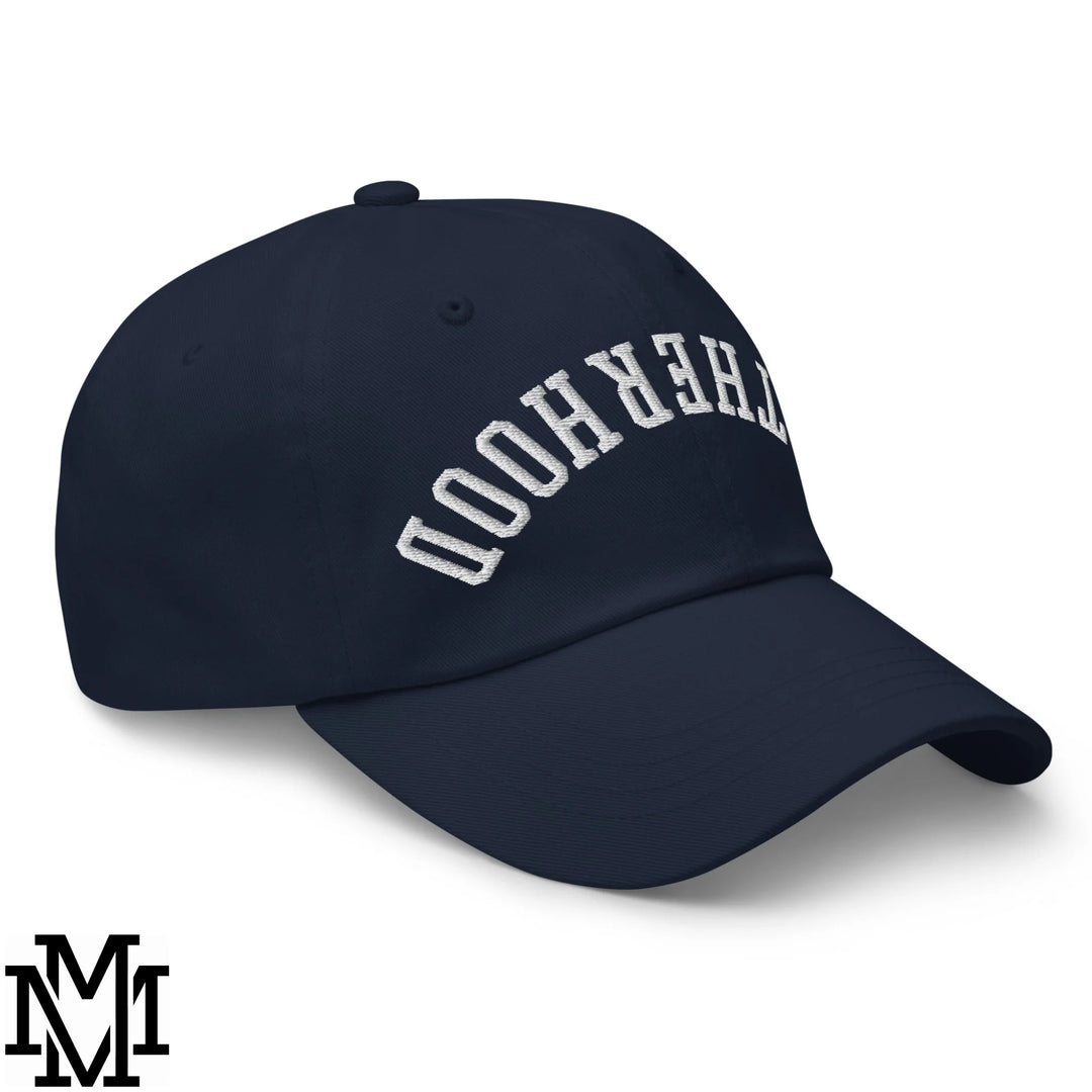 Navy blue upside down motherhood embroidered unstructured dad hat with white arched the hood embroidery