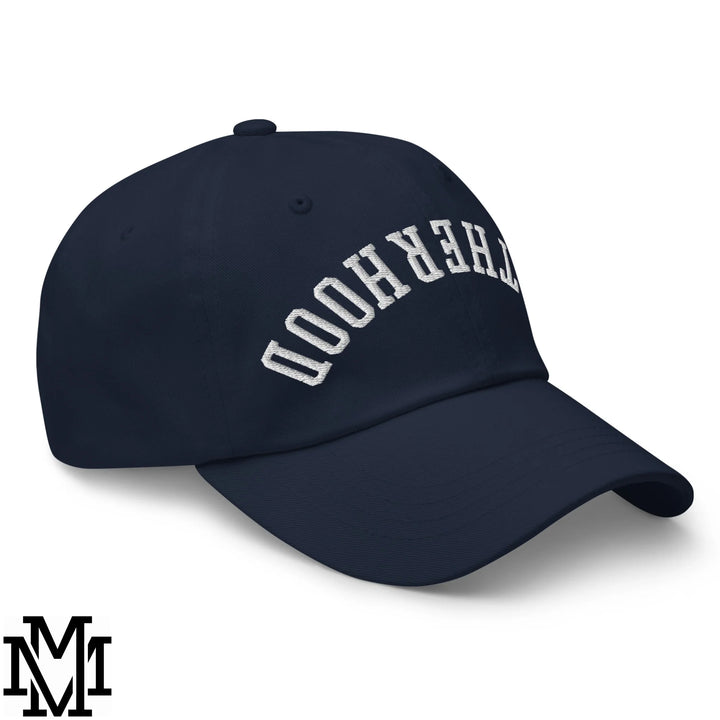 Navy blue upside down motherhood embroidered unstructured dad hat with white arched the hood embroidery
