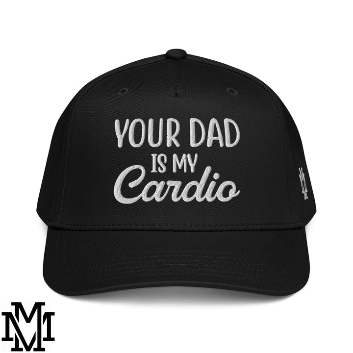 Black baseball snapback hat with white embroidered your dad is my cardio text in bold stylized font