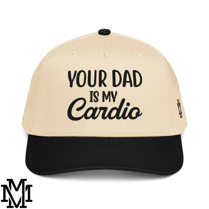 Beige and black embroidered baseball snapback hat with your dad is my cardio design for casual wear