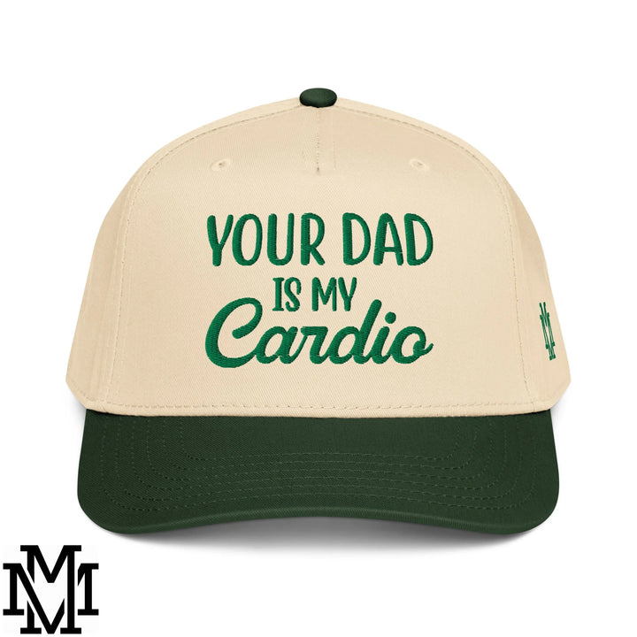 Beige and dark green embroidered baseball snapback hat with your dad is my cardio text in bold cursive font