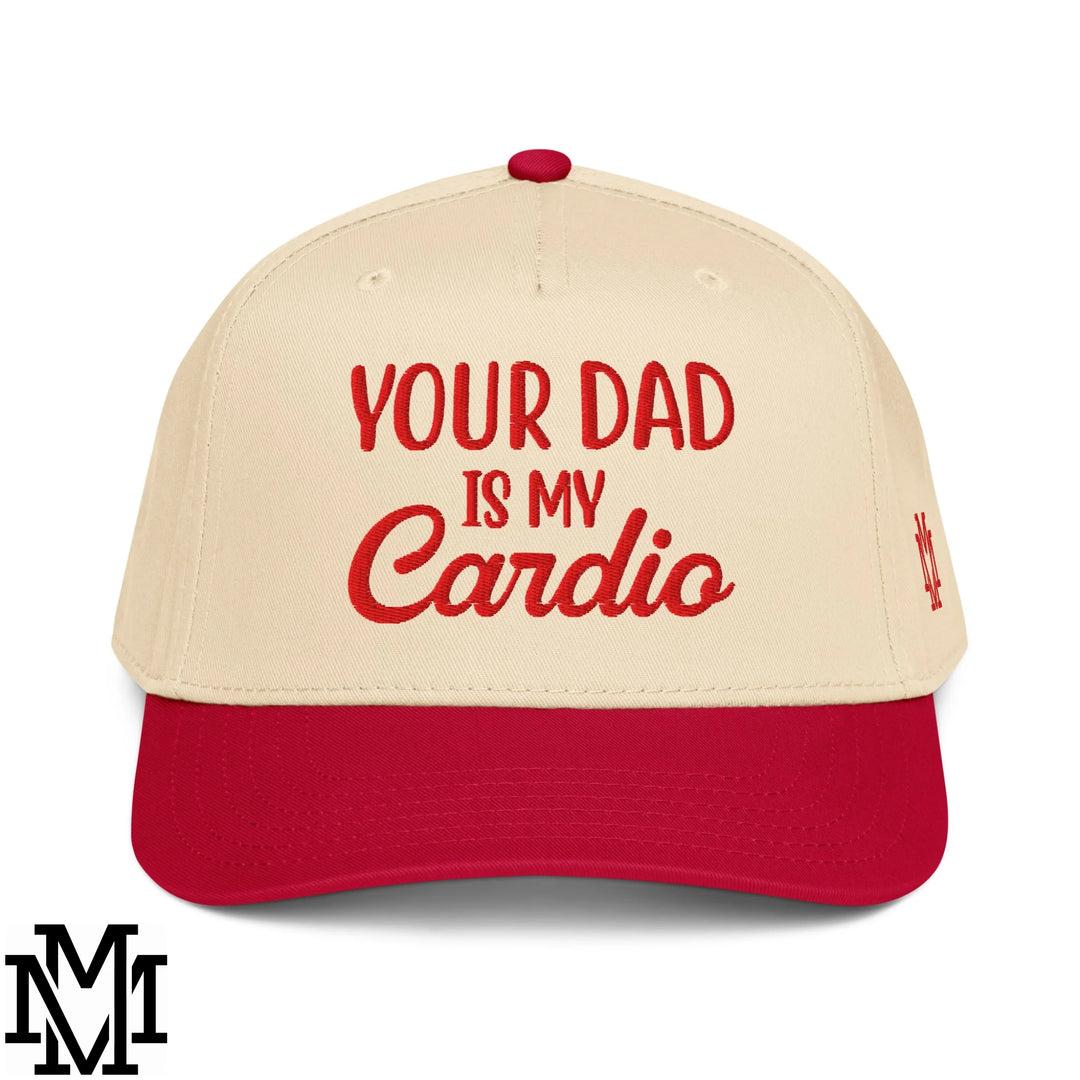 Cream-colored baseball snapback hat with red embroidered your dad is my cardio text and matching red brim and button