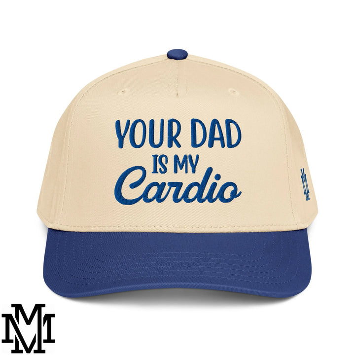 Beige and navy blue baseball snapback hat with embroidered your dad is my cardio text in bold cursive style lettering