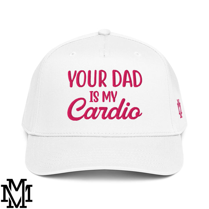 White baseball snapback hat with pink embroidered your dad is my cardio text on front panel